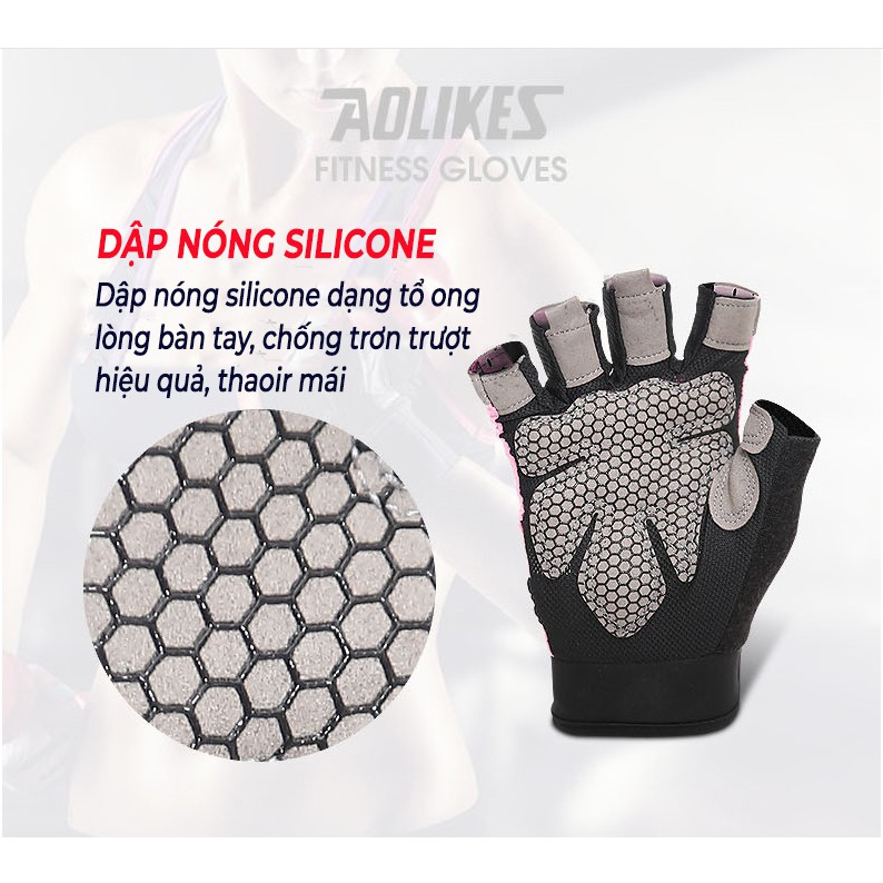 Găng Tay Tập Gym Nam Nữ Aolikes 113 Thiết Kế Có Khóa Chặt Co Giãn Giúp Thoáng Khí Chống Trơn Trượt