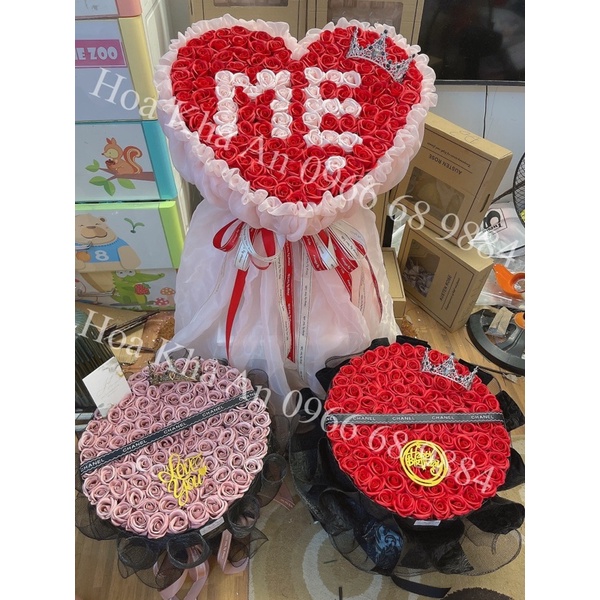 [Ảnh thật] Bó hoa tim Sáp 100bông ghi chữ tuỳ ý, phối Voan Hàn xịn, dài voan khi đứng 1.2met