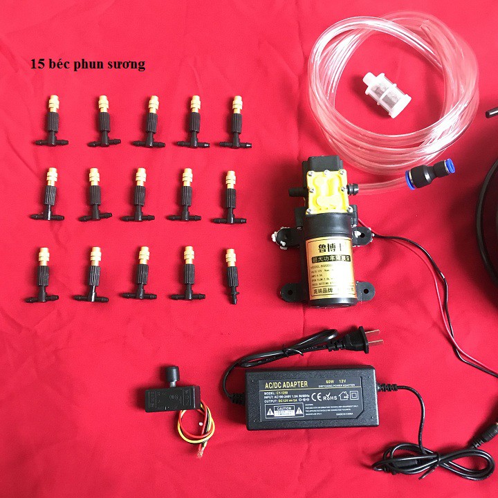 Bộ máy bơm phun sương làm mát,tưới lan 15 béc phun sương - kèm nguồn 12v5a - điều tốc máy bơm