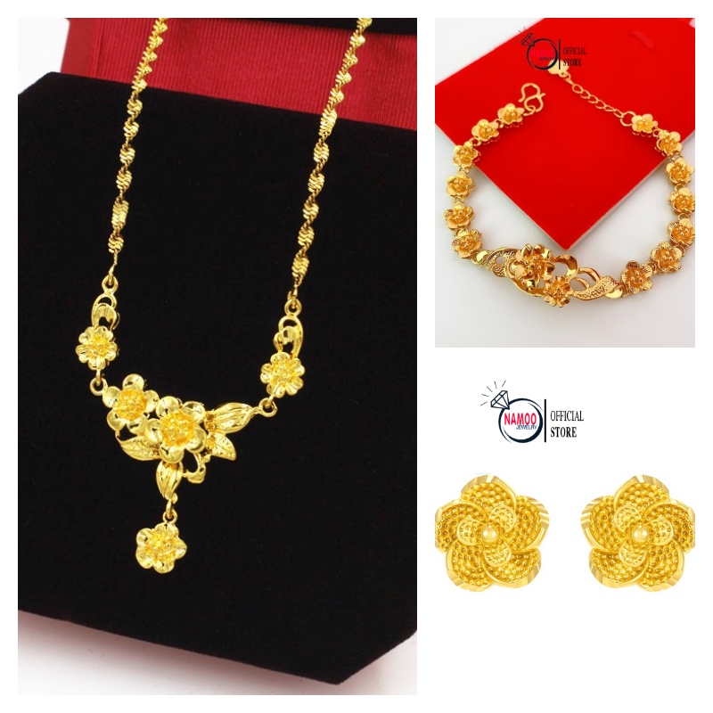 Set Dây Chuyền Bông tai và Lắc Tay Hoa Mai Ma Vàng Xi kim Cao Cấp Namoo Jewelry