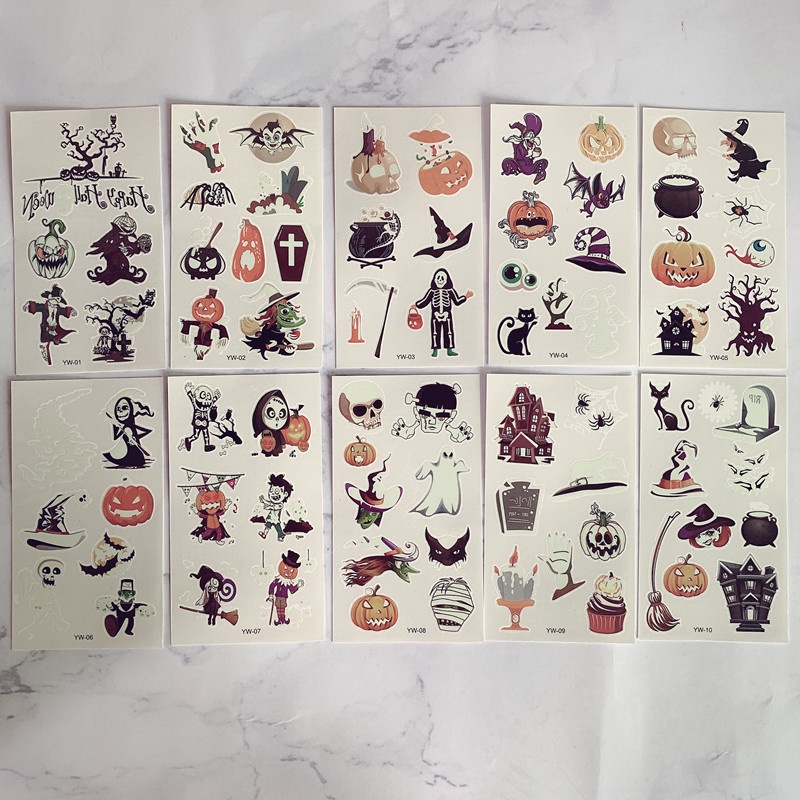 Set 10 Miếng Dán Hình Xăm Dạ Quang Họa Tiết Hoạt Hình Phong Cách Halloween Dành Cho Trẻ Em