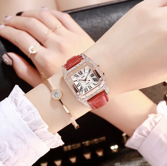 (Giá sỉ) Đồng Hồ Dây Da Mặt Vuông Đính Hột Nữ DZG