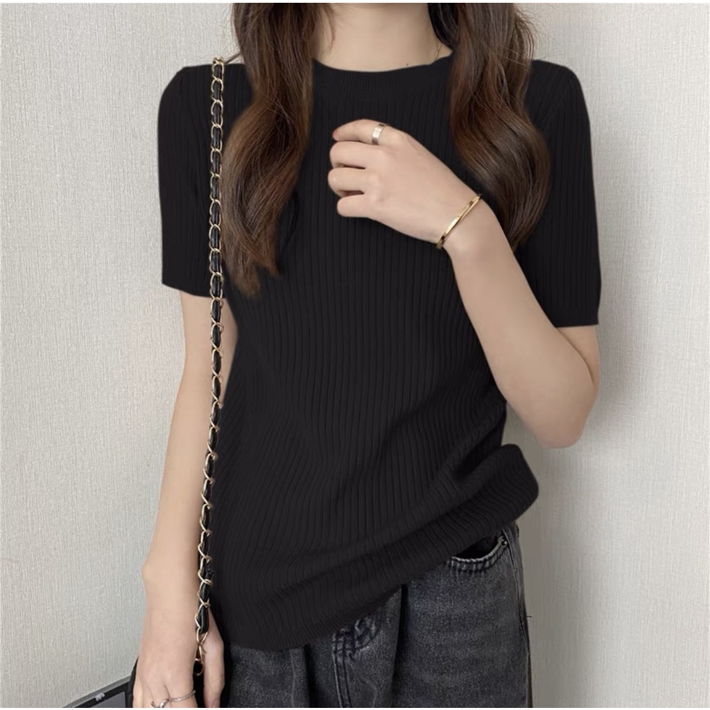 Áo len tăm đũa dáng ôm cộc tay cổ tròn basic