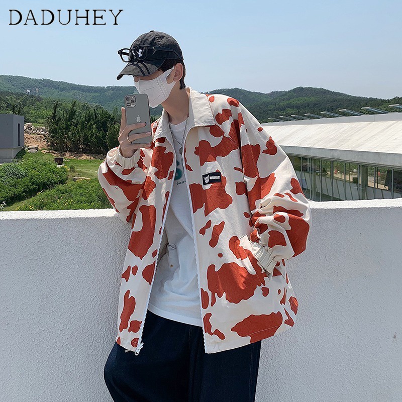 DaDuHey Men's Hong Kong Style Fashion Brand Fried Street Loose Casual Handsome Couple Turn-down Collar Jacket Cow Full Printed Double-Sided Wear Workwear Coat