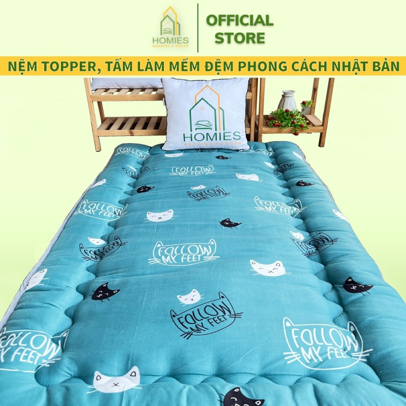 Kèm Túi Đựng - Topper nệm bông xuất Nhật HOMIES Bedding &amp; Décor , Đệm Topper Đầu Mèo, Tấm làm mềm đệm