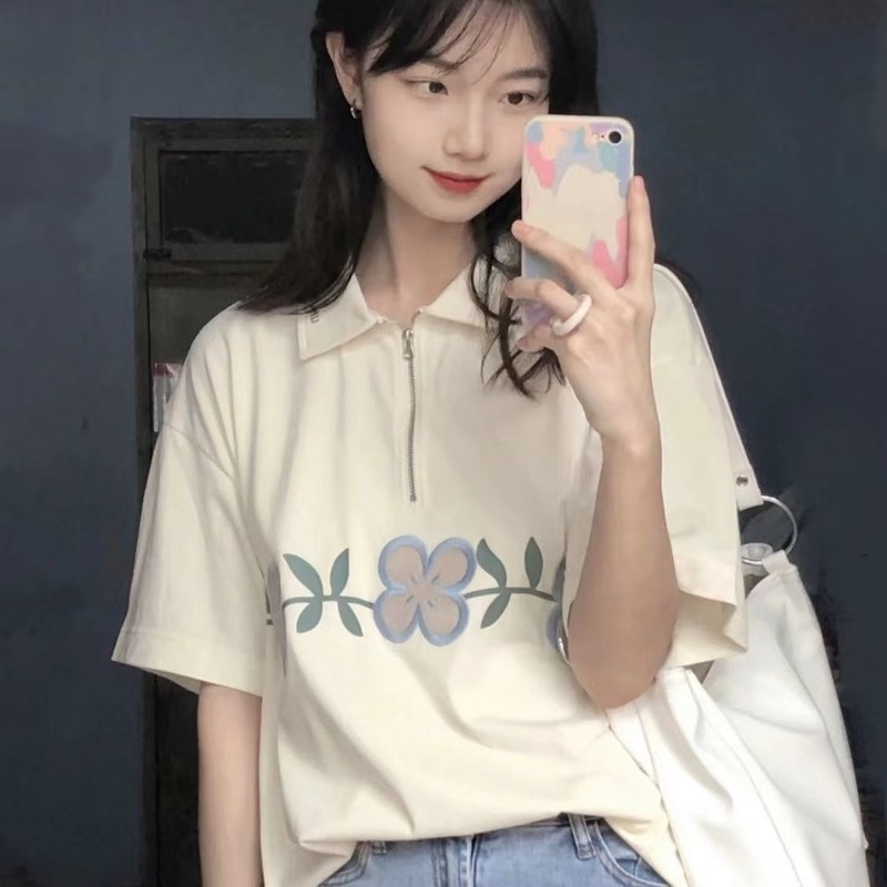 Áo polo Tay Ngắn Có Cổ Khóa Kéo Dáng Rộng Thời Trang Mùa Hè Mới Cho Nữ
