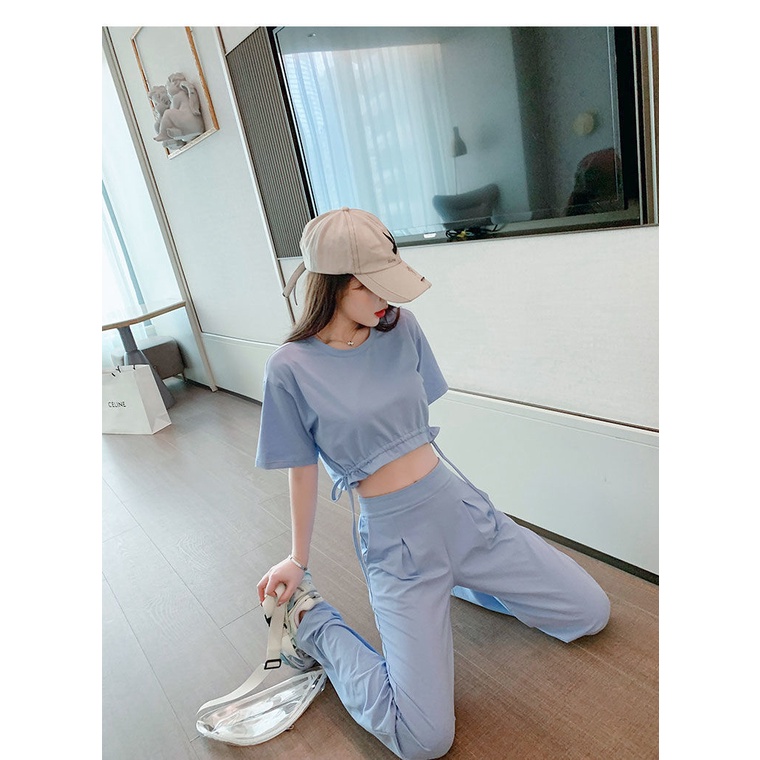 Set Áo Thun Tay Ngắn + Quần Dài Lưng Cao Thời Trang Hè 2022 Cá Tính Cho Nữ