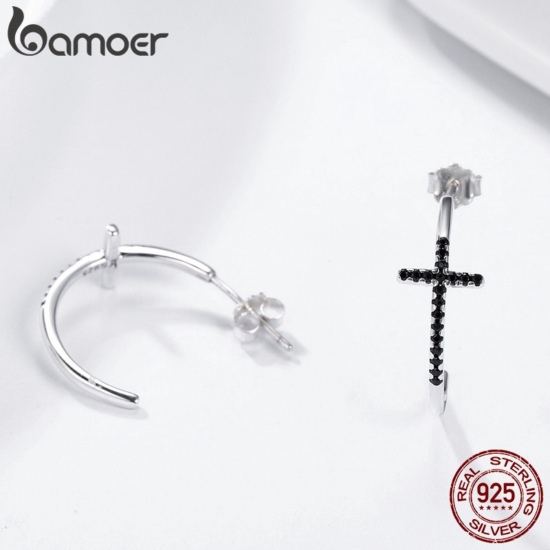 Đôi khuyên tai Bamoer bằng bạc hình cây thánh giá đính đá nhân tạo thời trang cho nữ