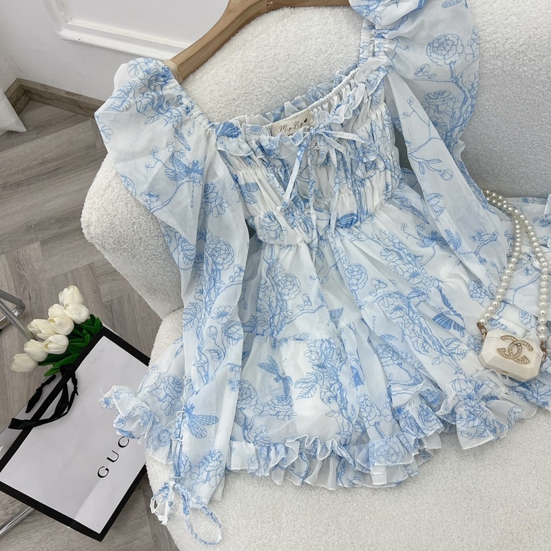 HÌNH THẬT - Jumpsuit voan hoa xanh nhíu ngực thắt nơ lai bèo