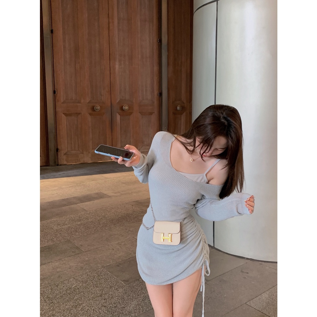 Đầm dệt kim trễ vai dáng ôm phối dây rút cá tính cho nữ