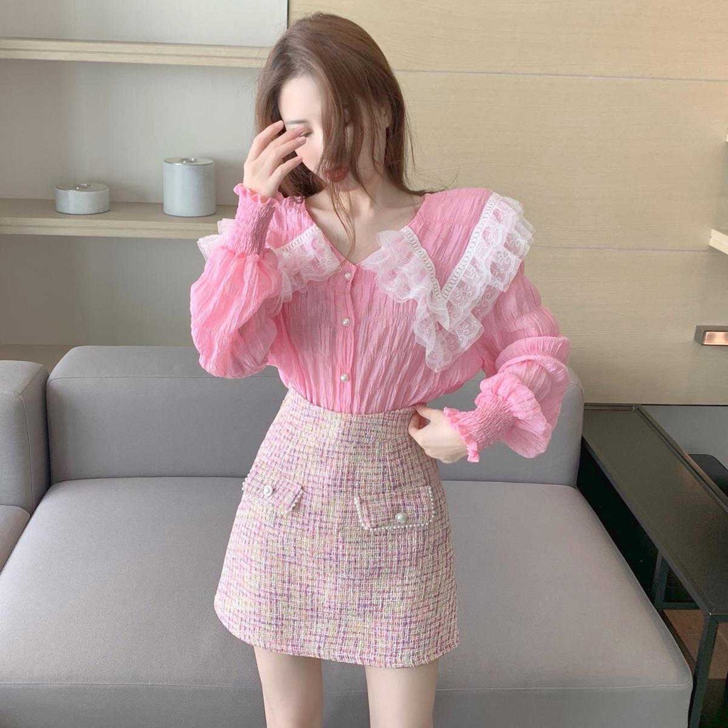 FXDAZI Áo sơ mi tay dài dáng rộng phối ren kiểu dáng mùa thu phương Tây mới cho nữ