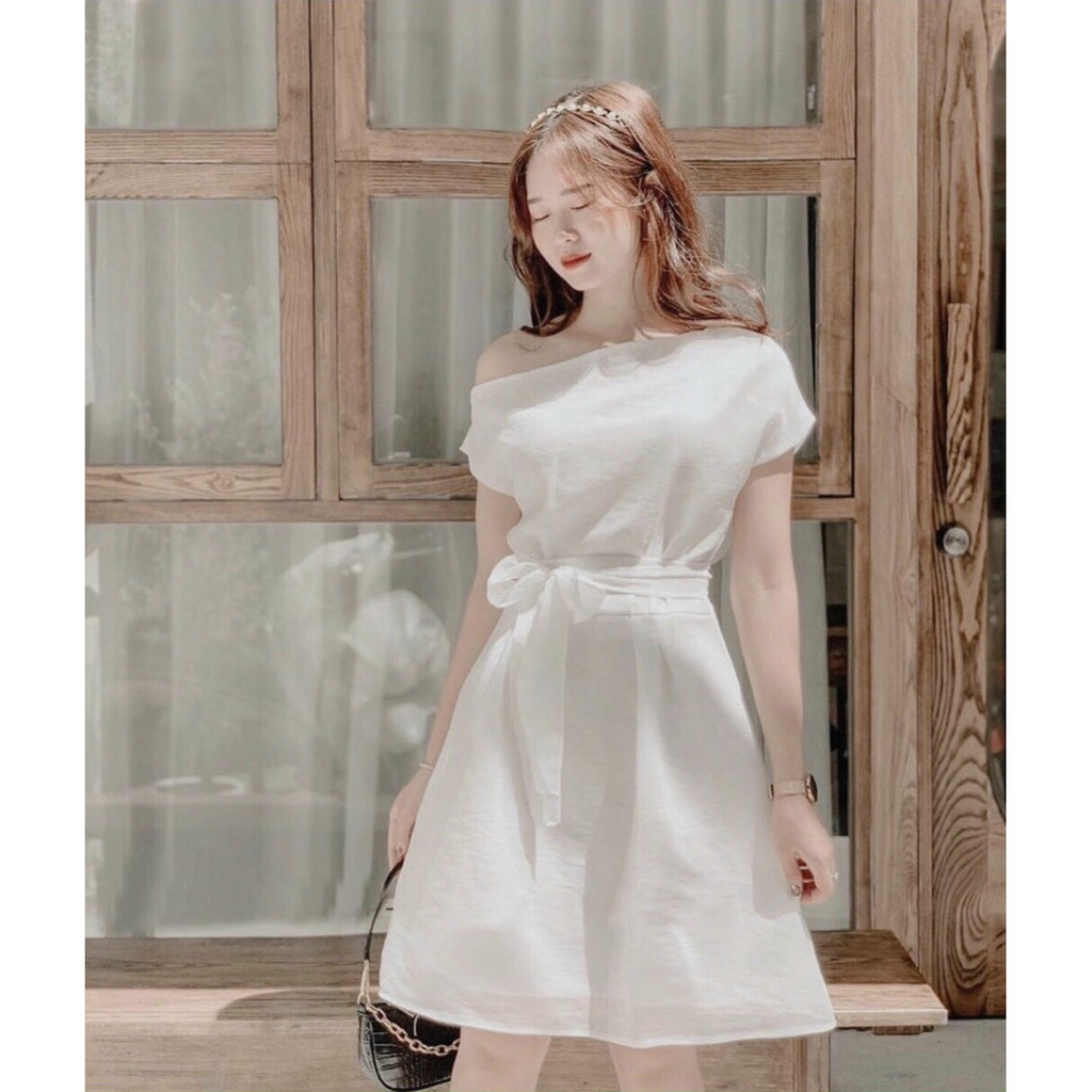 Đầm Dáng Xòe ❤️FREESHIP❤️ Lệch Vai Một Bên Dây Cột Eo