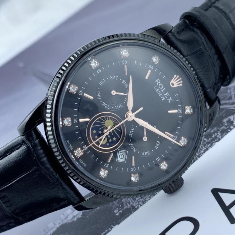 Đồng hồ Nam Rolex máy nhật, mẫu 6kim đính đá, mặt đen viền đen, dây da, dòng cơ Automatic size 40mm-41mm