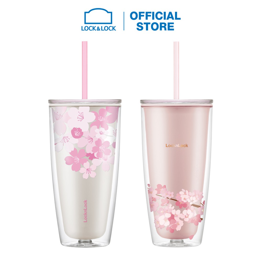 Ly nhựa 2 lớp Lock&Lock Cherry Blossom kèm ống hút double wall cold cup 750ml HAP509 (2 màu)