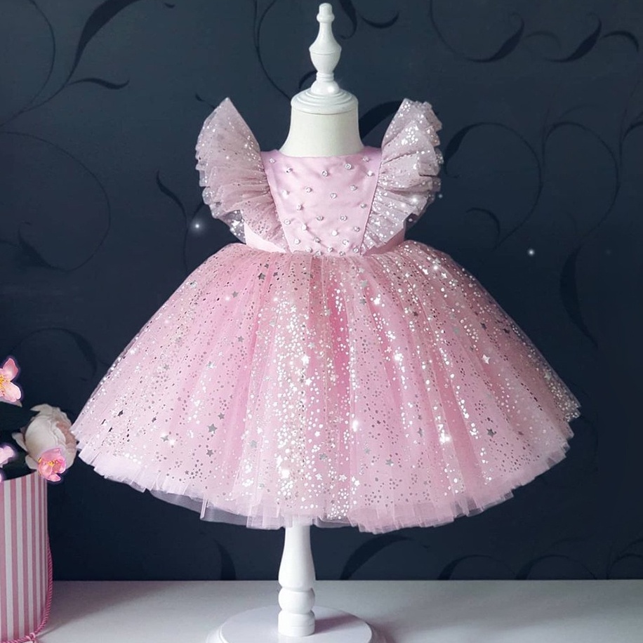 Đầm Công Chúa Tay Lưới Đính Kim Sa Lấp Lánh 1st Cho Bé Gái