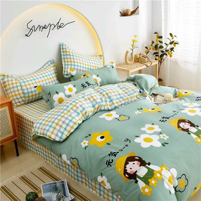 Bộ chăn ga gối coton poly Emmidecor - Mẫu cô gái xanh lá