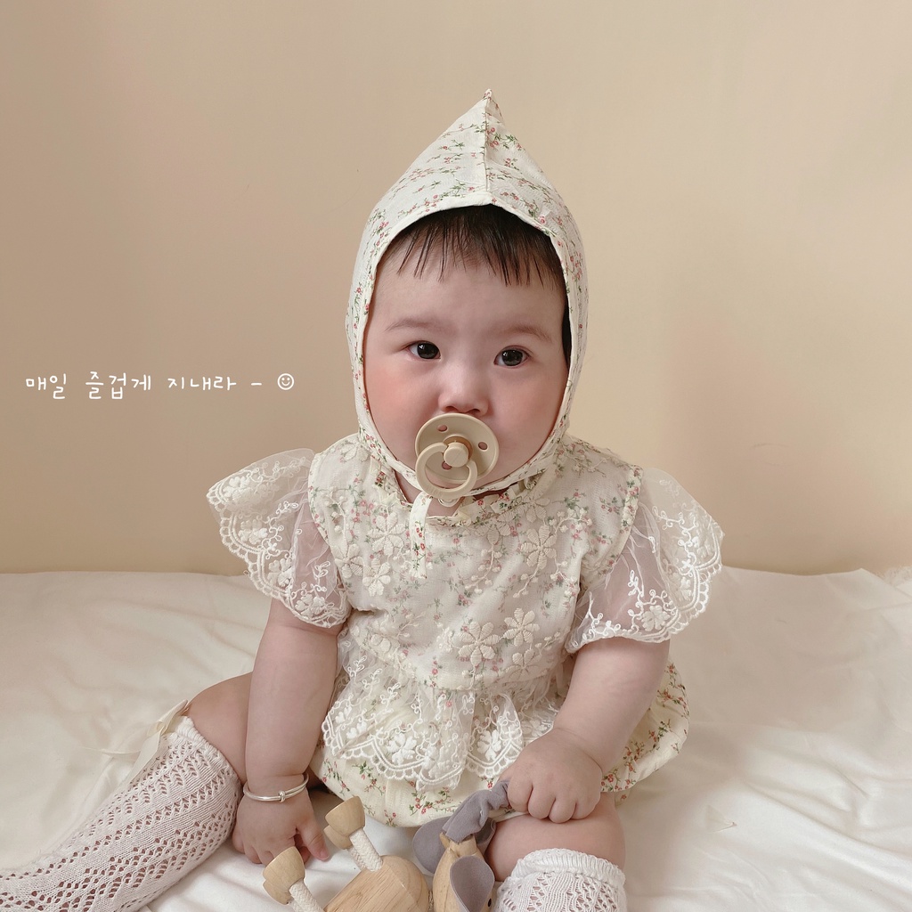 Bộ Áo Liền Quần Tay Ngắn Phối Ren Hoa + Mũ Thời Trang Mùa Hè Cho Bé Gái