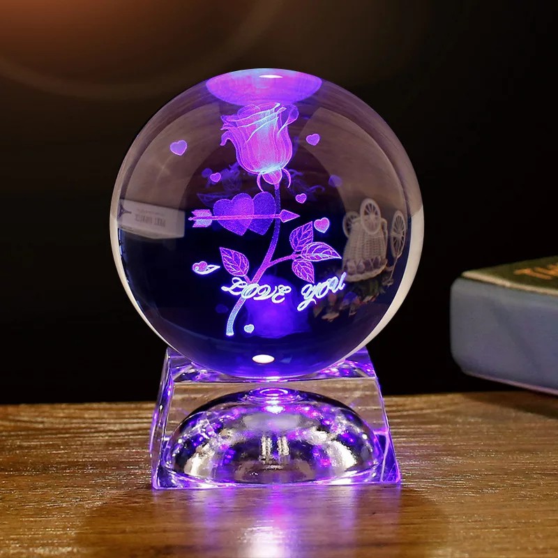 Quà tặng pha lê 🎁🎁 Bộ Quả Cầu khắc 3D hoa hồng I Love You led