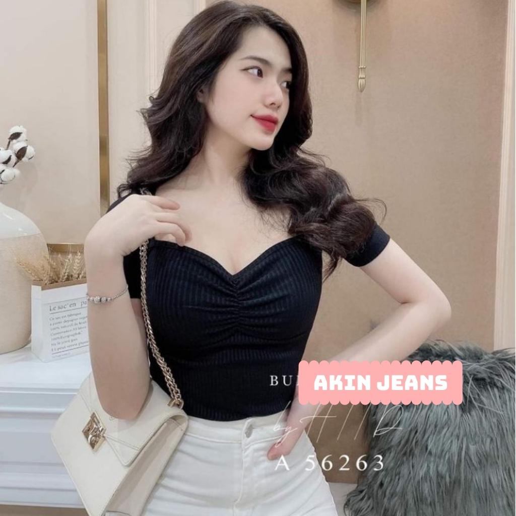 Áo Thun Nữ Dúm Ngực Ôm Body Siêu Tôn Dáng Tiểu Thư Chất Cotton Cổ Vuông Tay Ngắn Akin Jeans, APDN