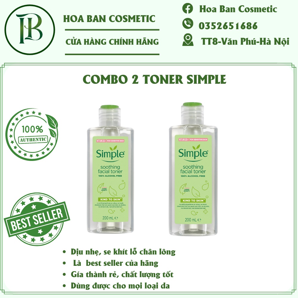 Combo 2 NƯỚC HOA HỒNG SIMPLE Cân Bằng Da Dịu Nhẹ Kind To Skin Soothing Facial Toner 200ml/ chai