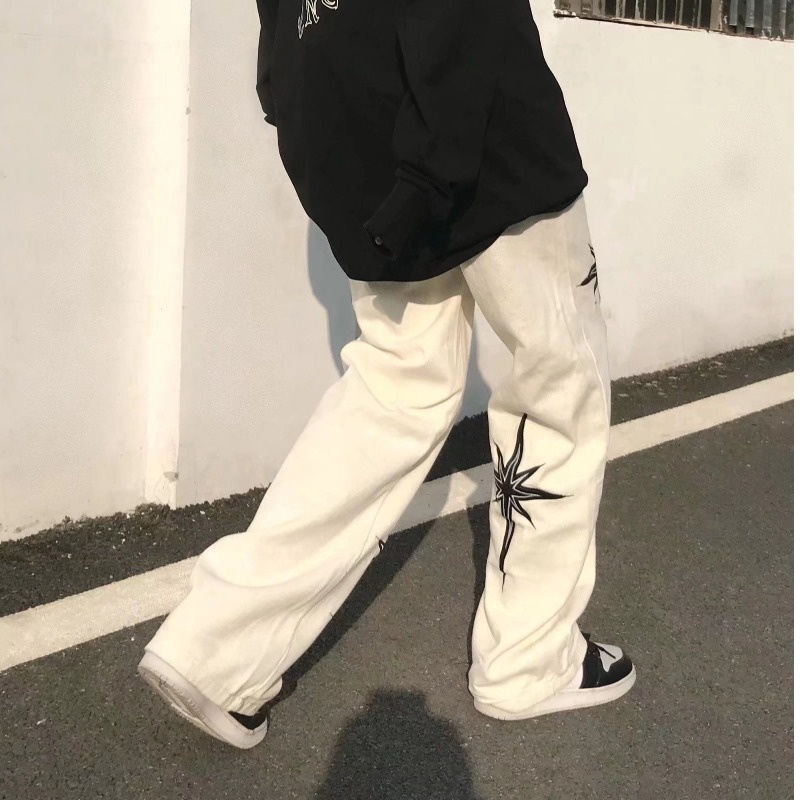 Quần Ống Đứng Thêu Hình Ngôi Sao Phong Cách Hip Hop Mỹ Size M-2XL Cho Nam