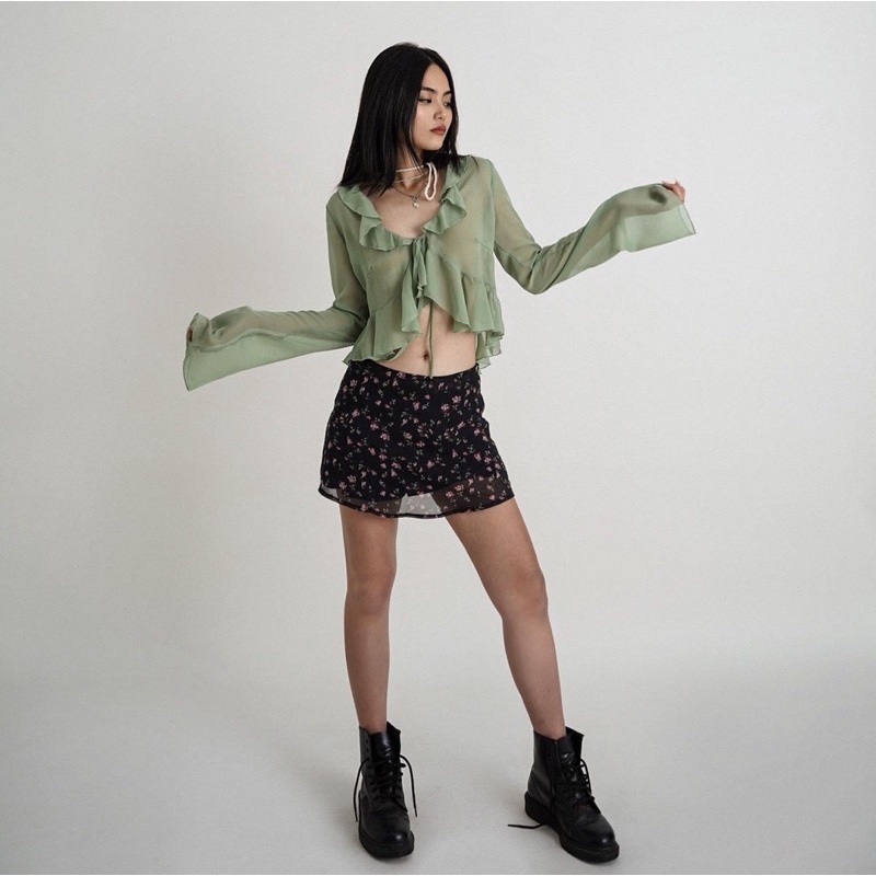 ATHEA SKIRT-Váy voan hoa đen dáng ngắn kèm lót-Whitelies Shop