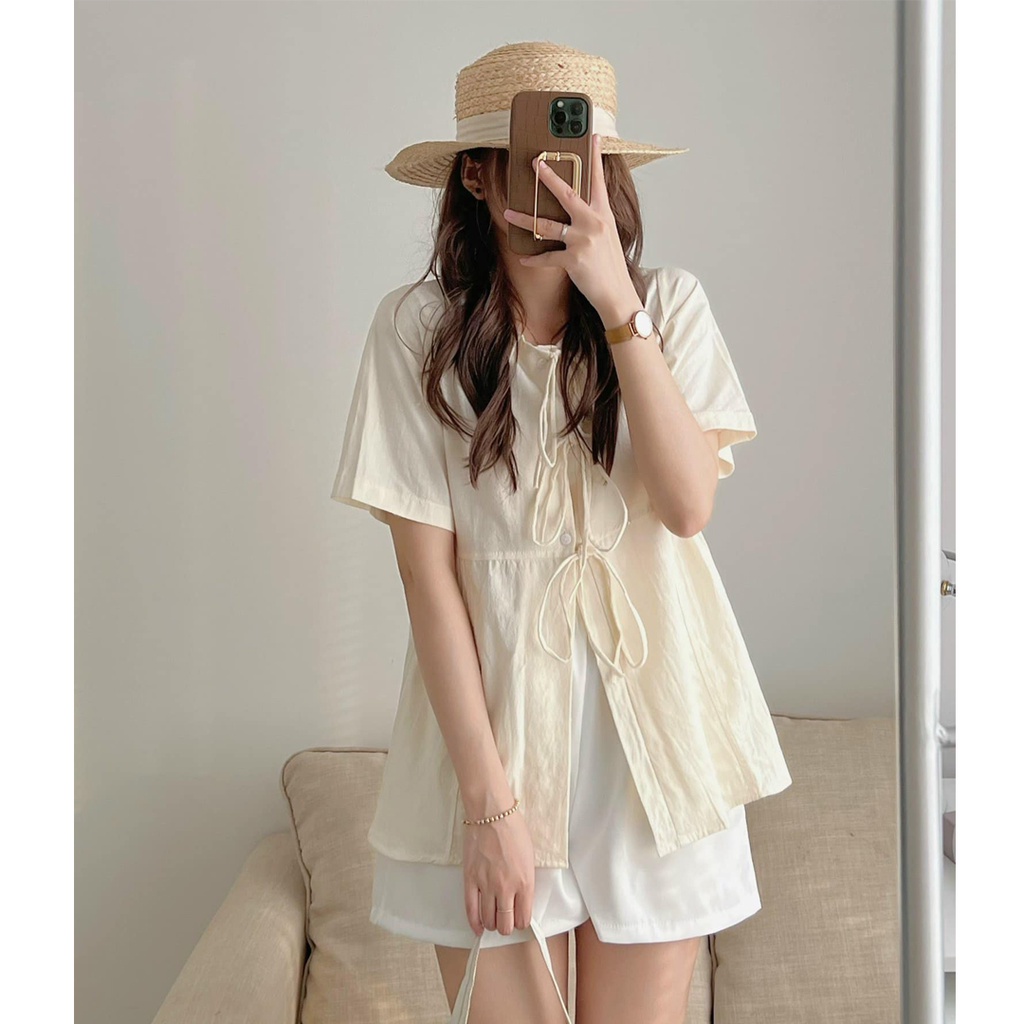 Áo sơ mi kiểu nữ, Áo sơ mi phối nơ ngực cổ sen thanh lịch Ulzzang