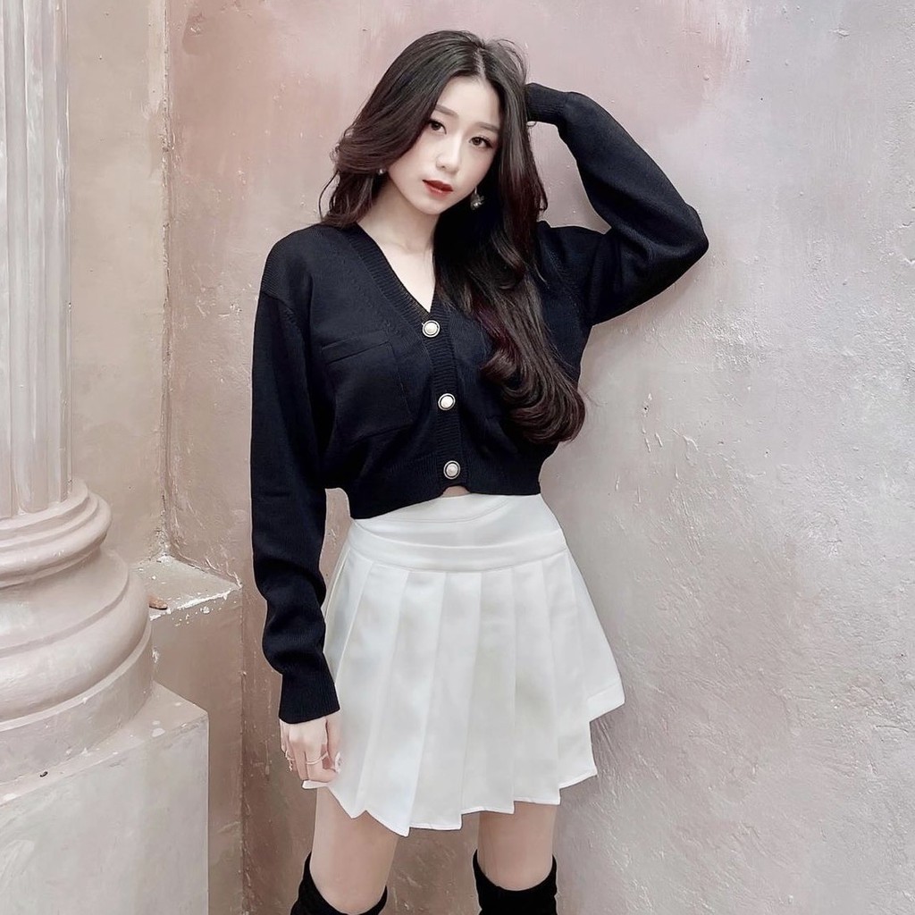 TINGOAN® - Áo croptop len mỏng đen VANILLA BABE TOP/BL