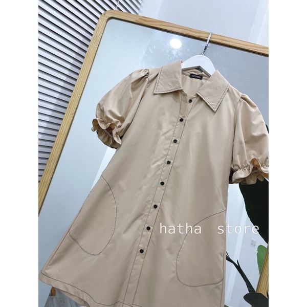 Đầm sơ mi nâu form suông viền đơn giản kèm ảnh thật shop chụp