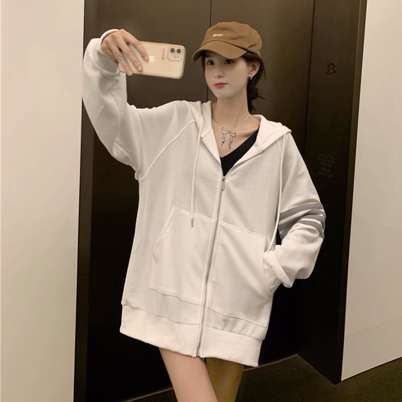 Áo Khoác Nỉ 3 Sọc Nữ- Hoodie dáng rộng tay bồng kẻ sọc cánh tay kiểu dáng Ullzang