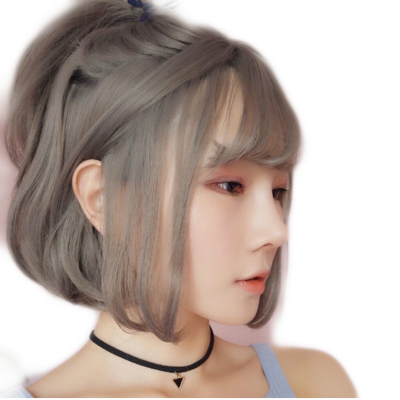 Bộ tóc giả ngắn thẳng màu xám phong cách Nhật Bản và Hàn Quốc cho nữ