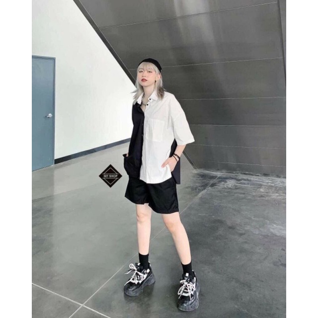 Áo sơ mi nữ tà đen tà trắngSơ mi phối đen trắng freesize ulzzang Thời trang công sở cá tính trend