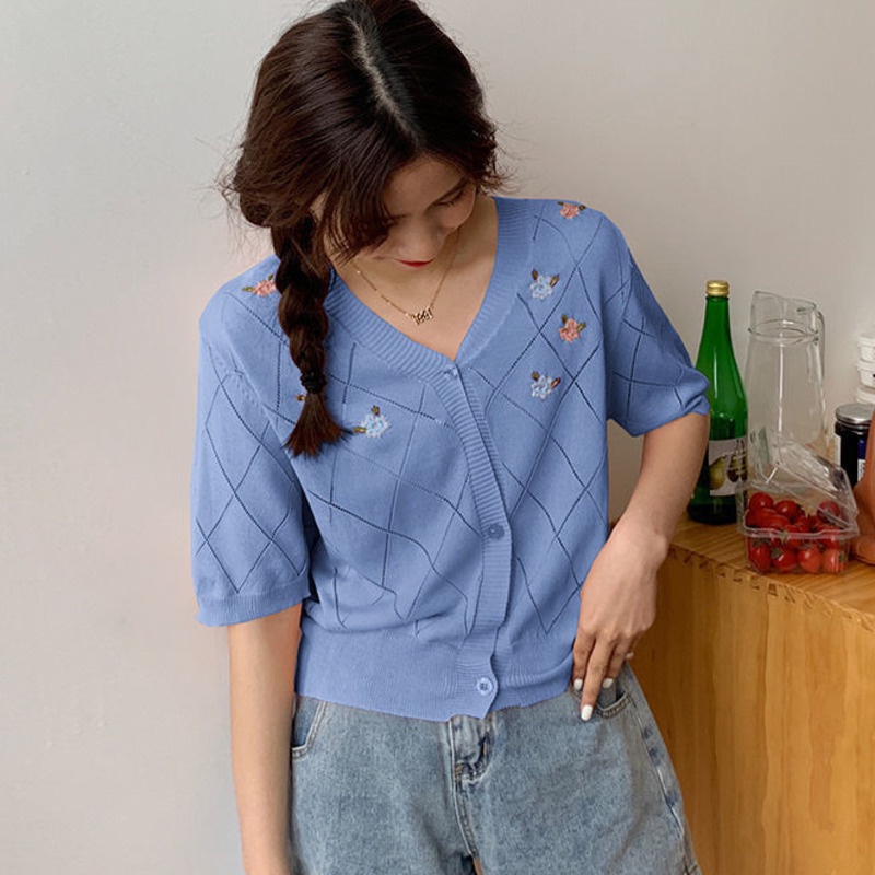 Áo Dệt Kim Tay Ngắn Thêu Họa Tiết Xinh Xắn 175286 Áo Len Mỏng Khoét Lỗ Thời Trang Dành Cho Nữ