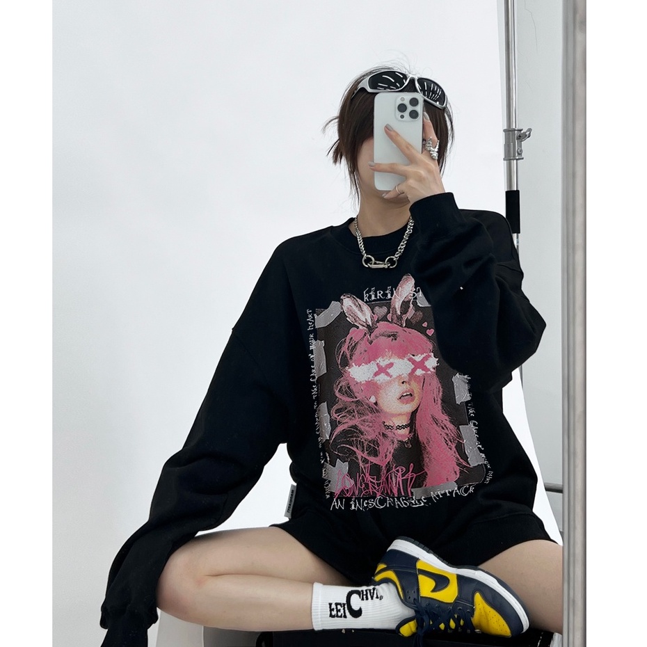 FOCUS Áo Nỉ harajuku vintage trắng bigsize unisex áo dài tay mẫu hot trend mùa Đông 100%cotton