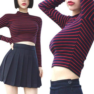Áo crop top cổ lọ thiết kế kẻ sọc mỏng thời trang gợi cảm