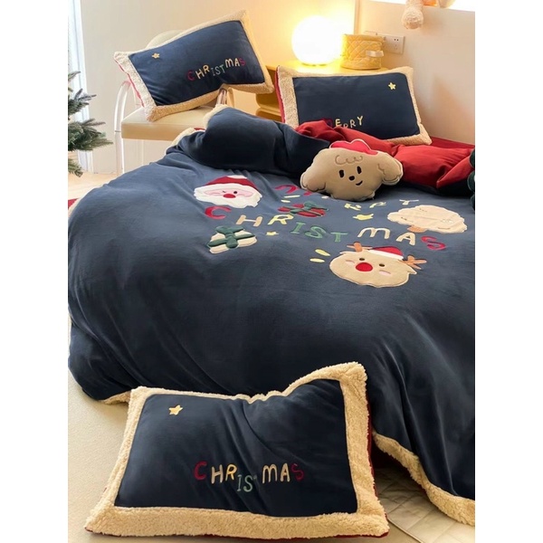 Bộ chăn ga gối nỉ nhung cao cấp Santa Claus Merry Christmas tặng kèm gối trang trí