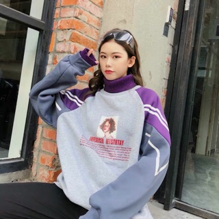 Áo nỉ phối len cao cổ oversize