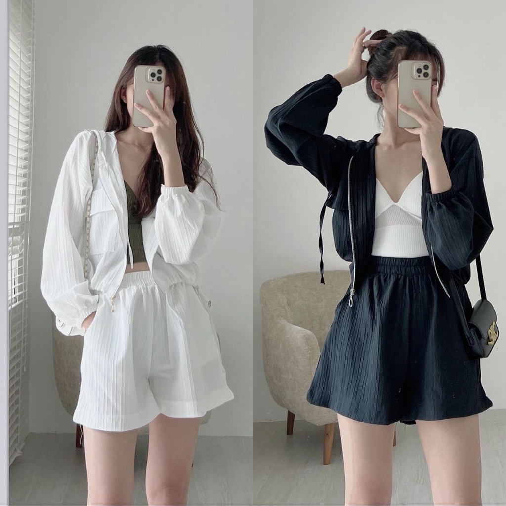 Set đồ nữ áo sơ mi khóa kéo kèm quần đùi nữ ống rộng chất vải đũi xốp mát mẻ kiểu dáng tiểu thư nữ tính