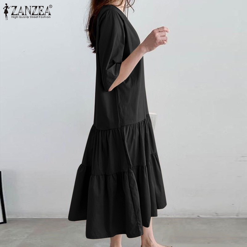 Đầm nữ ZANZEA tay lỡ cổ tròn thanh lịch thời trang