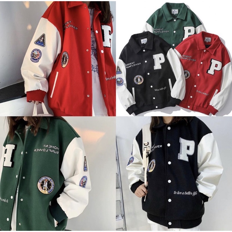 Varsity Jacket - Áo bomber cổ bẻ tay da sờn thêu xù 100% màu đỏ form rộng Chữ P