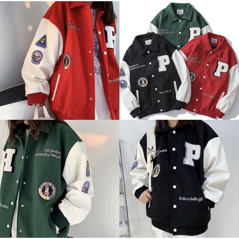 [SALE XẢ KHO] Varsity Jacket - Áo bomber cổ bẻ tay da sờn thêu xù 100% màu đỏ form rộng Chữ P