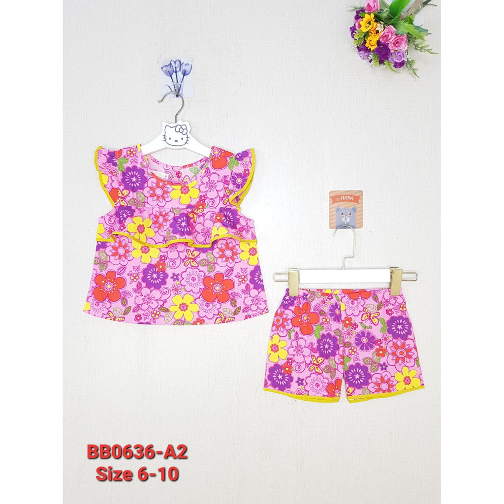 BB0636-A2 - Bộ bé gái chất thô tay hến , in hoa nhiều màu , màu hồng , size nhỡ 6t-10t