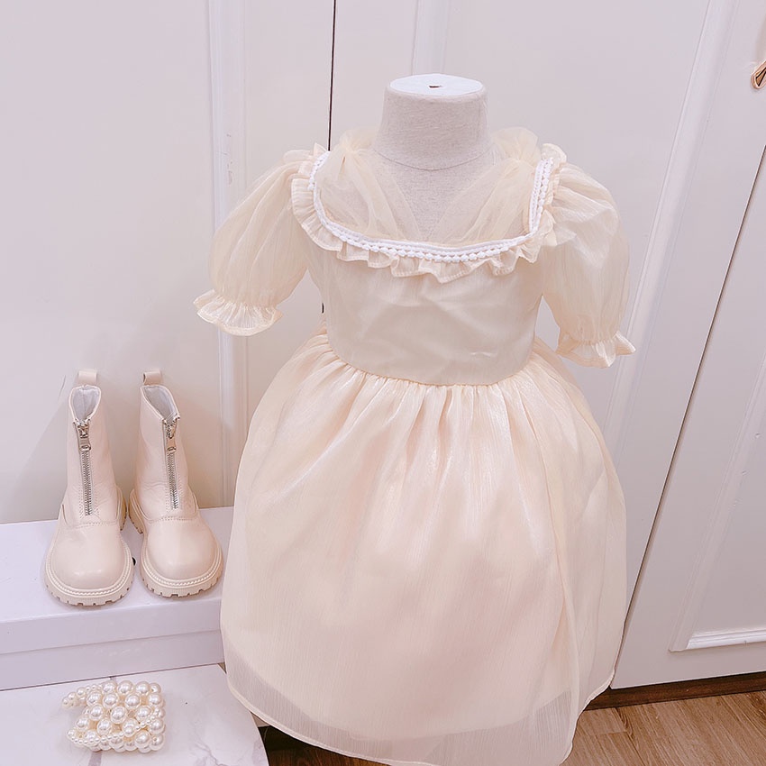 Váy Cộc Tay Bèo Cổ Ren Vải Tơ Óng Ánh Dễ Thương Cho Bé Từ 7-19kg Mã V23