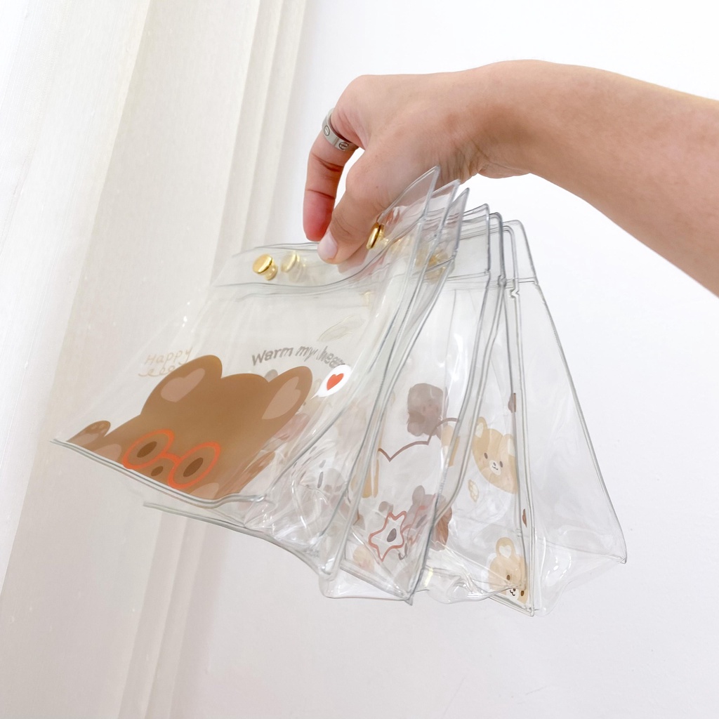 Túi Bút Gấu Trong Suốt Khuy Bấm Nhà Cam