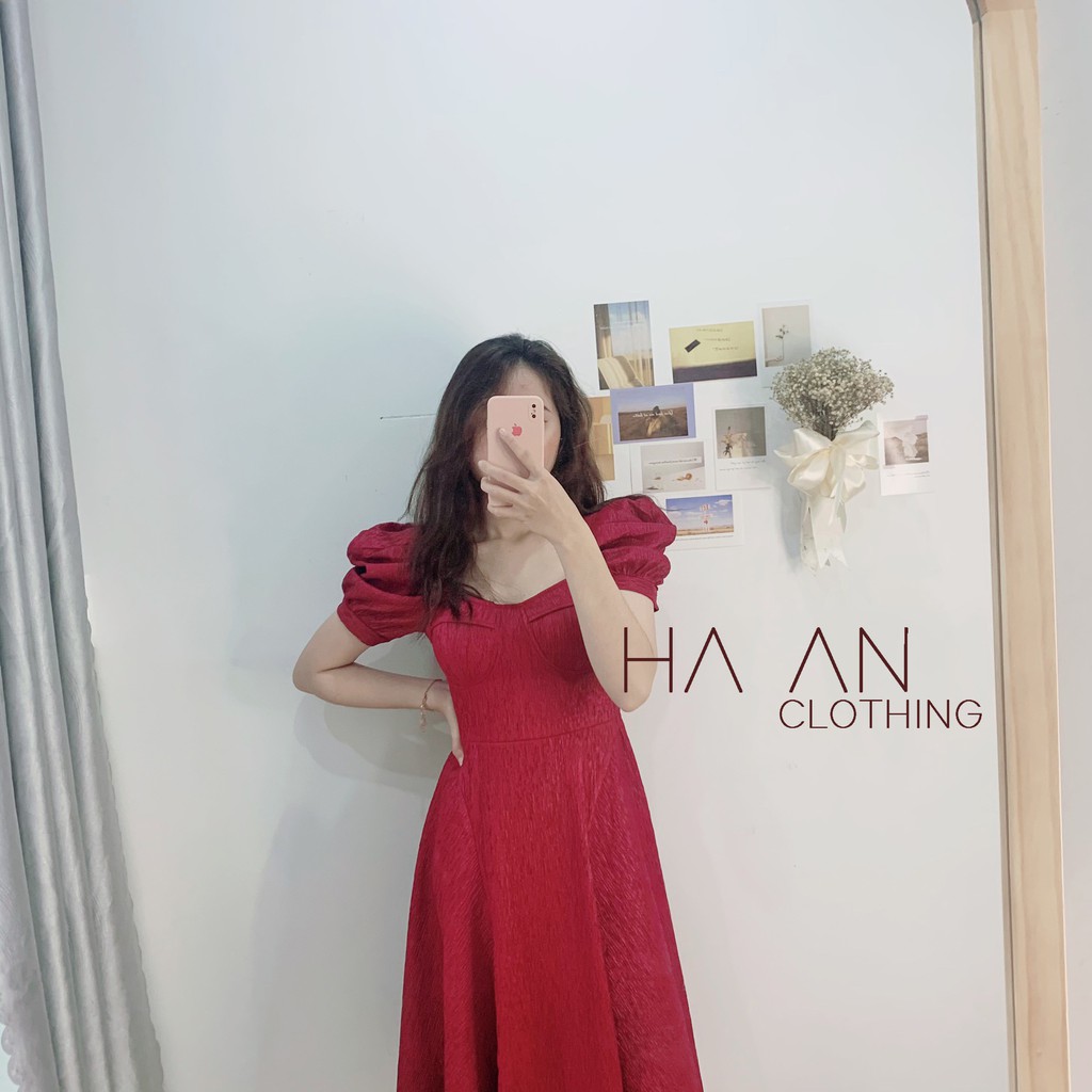 Váy màu đỏ cúp ngực tay ngắn dáng xòe tiểu thư đi tiệc(ảnh thật)