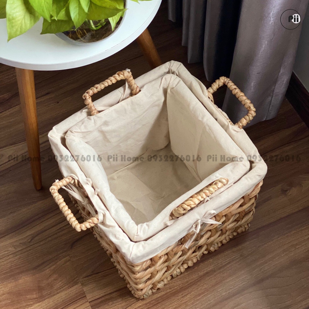 Sọt Lục Bình, Giỏ Lục Bình Vuông Đựng Đồ Đa Năng Đan Thưa Pii Home - Kèm Lót Vải Tiện Dụng