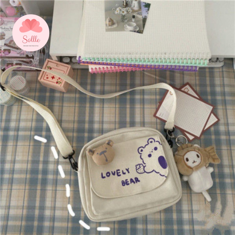 Túi canvas đeo chéo vai nữ đi học nhiều ngăn in hình Gấu đáng yêu đen trắng Sollle