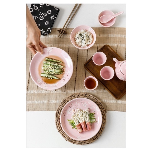 Bộ bát đĩa lẻ gốm Nhật màu hồng hoạ tiết hoa anh đào