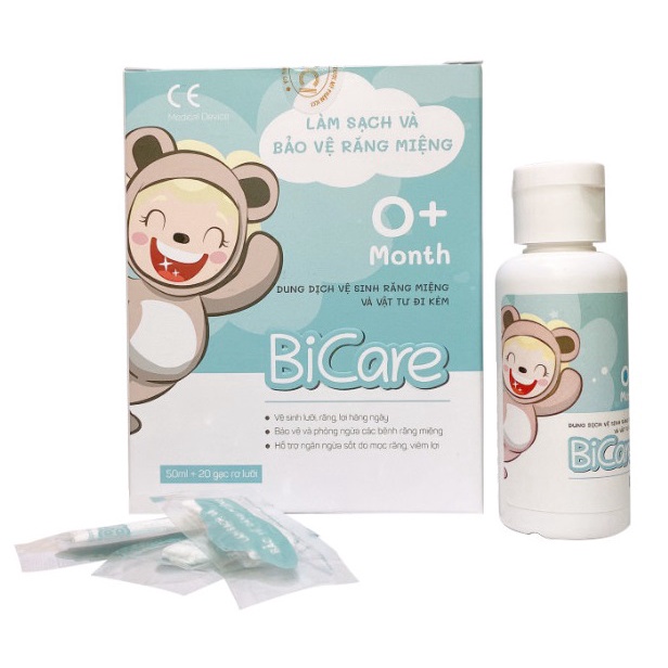 Dung dịch rơ lưỡi, vệ sinh răng miệng Bicare, Tặng kèm gạc