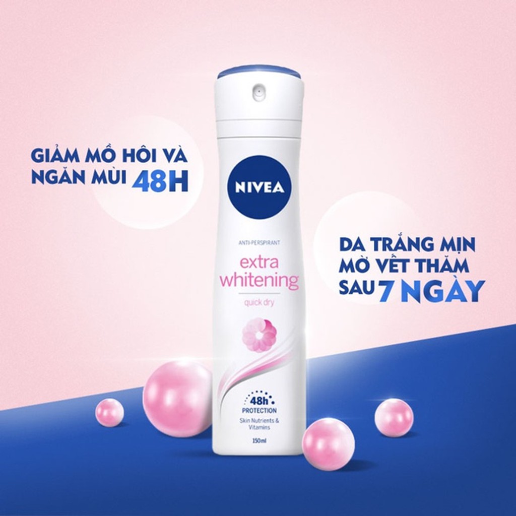 Xịt Ngăn Mùi Trắng Mịn, Mờ Thâm Nivea Extra Whitening Anti-Perspirant 48h Protection Pray 150ml